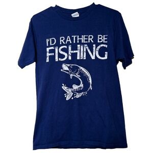 Vintage I'd Rather Be Fishing Size Small Unisex T-Shirt Blue Cotton EUC
